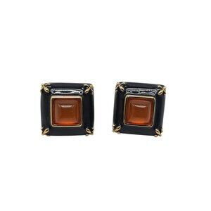 Joan Rivers Square Post Earrings With Black Enamel & Orange Stone